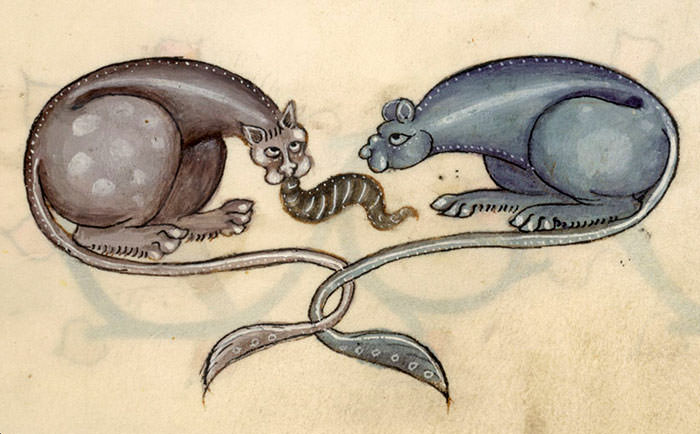 Bipedal cat monsters eating a leech?