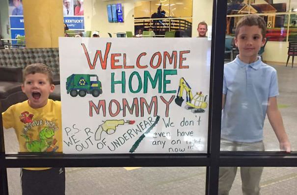 These kids i saw at the airport welcoming their mother back home