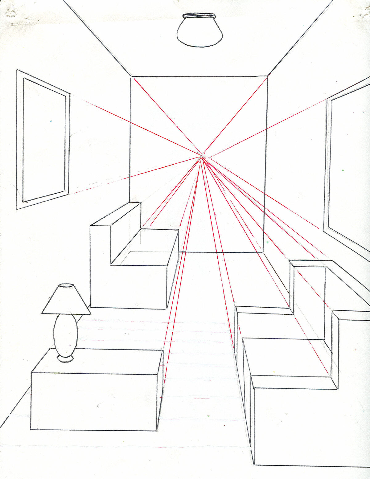 Single perspective drawing of a room.