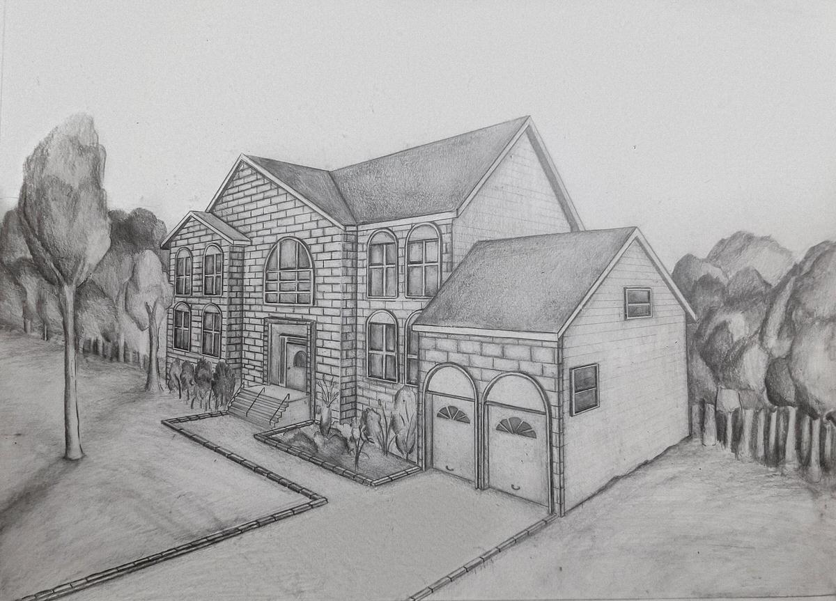 Two point perspective drawing of house.