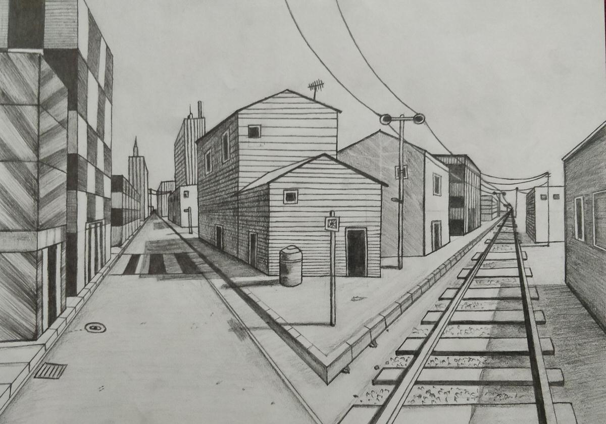 Two-point perspective road and railway sketch.