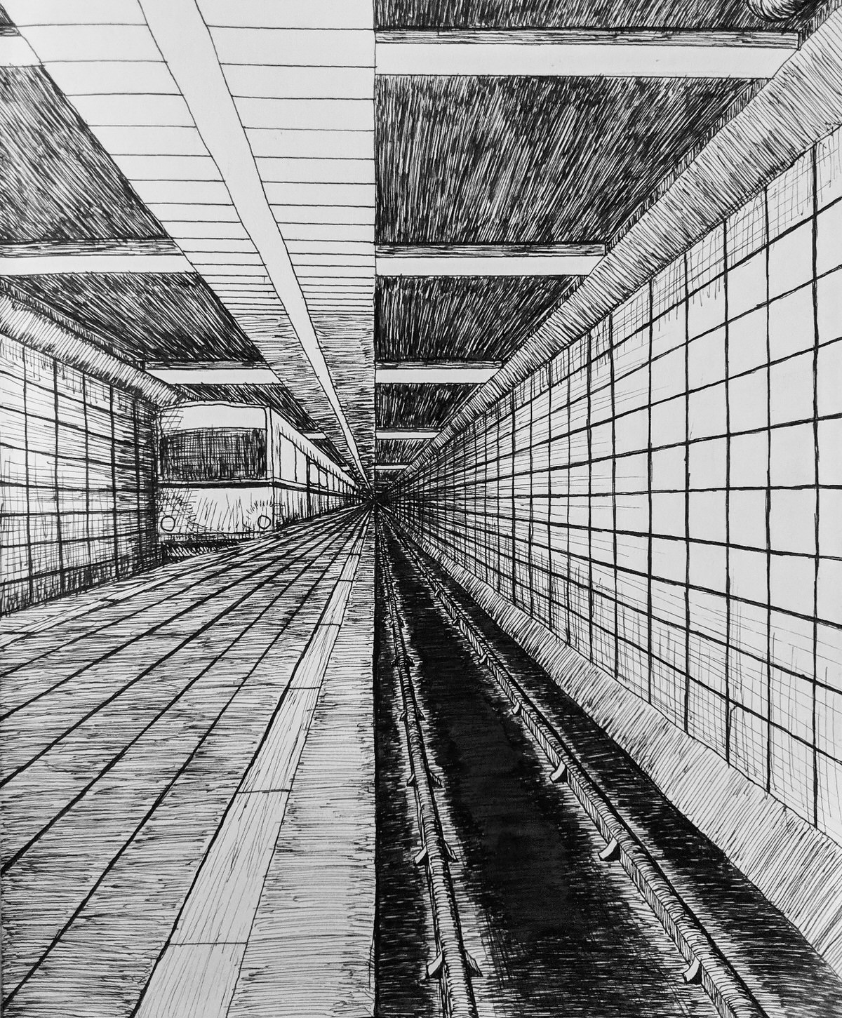 Subway station as one-point perspective.