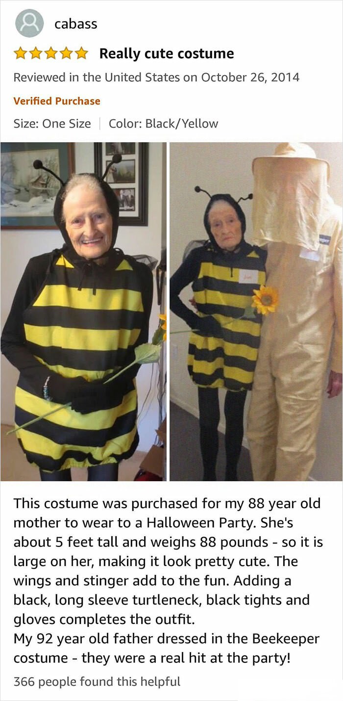 A Cute Amazon Review I Revisit Just For A Smile. An 88 Year Old Woman And Her 92 Year Old Husband Attend A Halloween Party. Btw They Liked The Bee Costume