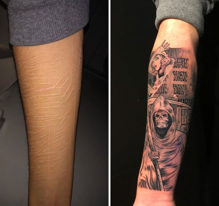 Got a cover-up tattoo for the scars on my right arm, i'm so happy with the result