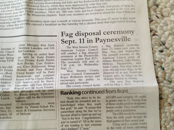 Unfortunate typo in a minnesota smalltown daily newspaper