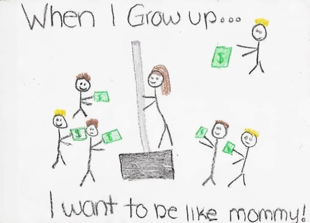 Little girl drew a picture of her mom at work. The mother is actually selling a snow shovel at home depot