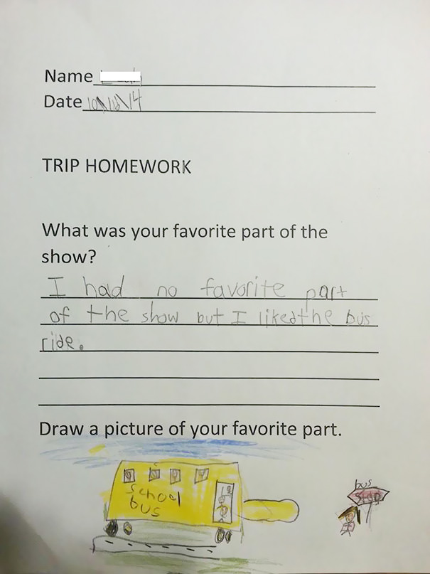 My 6 year old cousin's homework answer after seeing a play