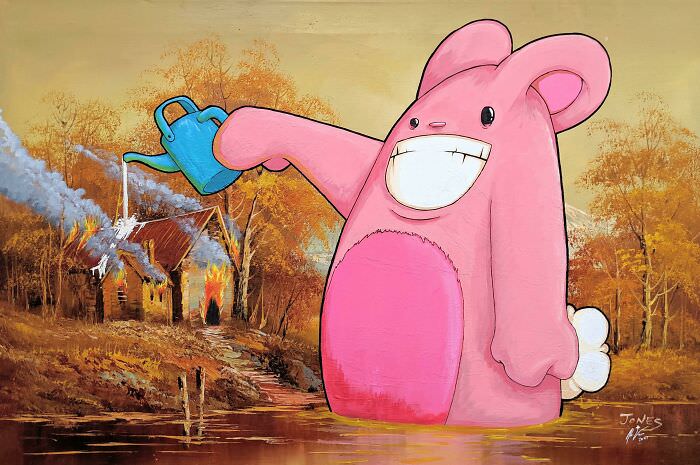 Helpful Bunny - this painting just got even more adorable with the addition of a helpful bunny.