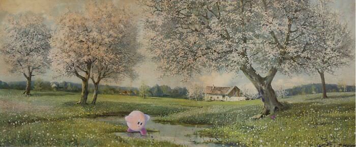 Kirby's Dream Land - Kirby, Whispy Woods, and a red apple make this painting a dreamy delight.