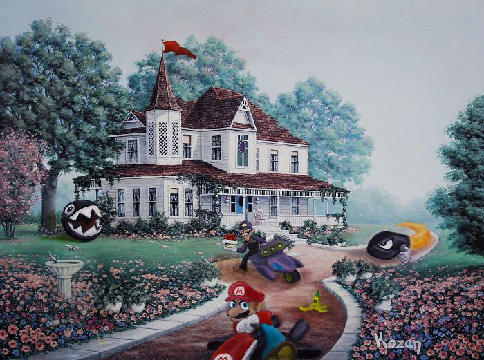 Mario and friends race around this epic thrift store art track, repurposed with oil paint for my first time using characters. Challenging but I'm so happy with how it turned out!