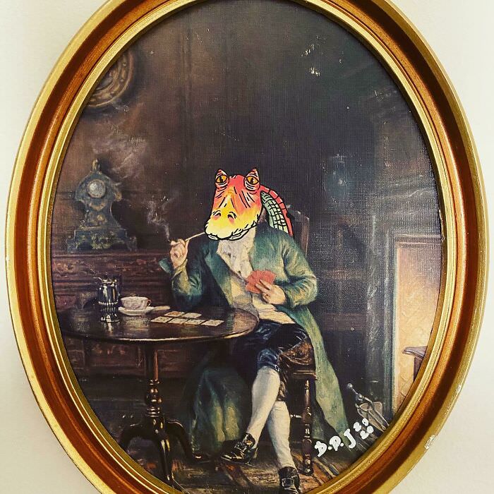 Jar Jar Binks gets his due in this imaginative and colorful repainting of a thrift store art find.
