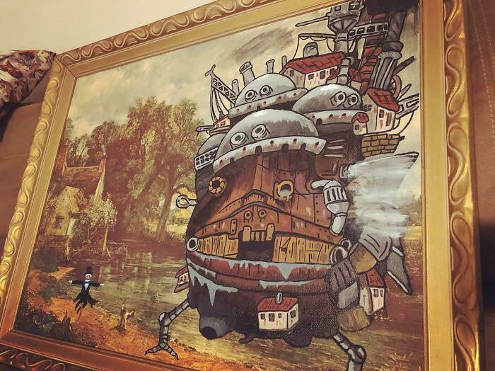 Bringing Howl's Moving Castle to life in this colorful and imaginative repainting of a thrift store art piece.