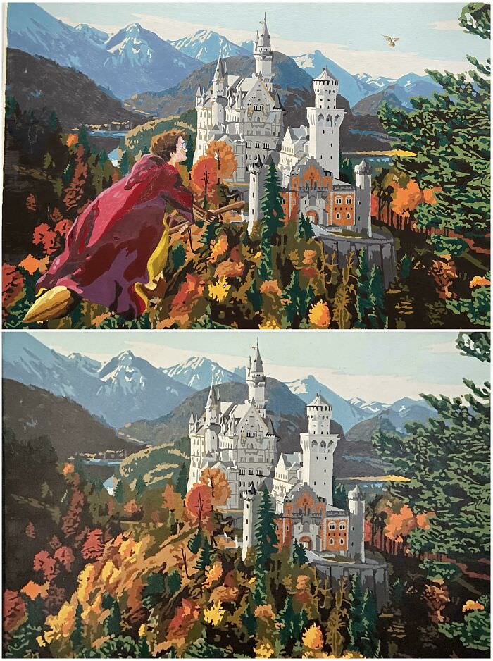 A magical and enchanting transformation of a vintage paintbynumber, depicting either Neuschwanstein or Hogwarts.