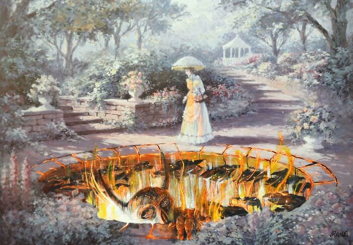 This serene 'Sunday Morning Stroll' has been transformed with the addition of a friendly creature and more dynamic lily pads, all repainted onto a thrift store art find.