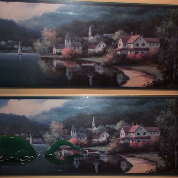 Adding a friendly creature to this beautiful lake landscape, repainted from a thrift store art piece with imaginative flair.