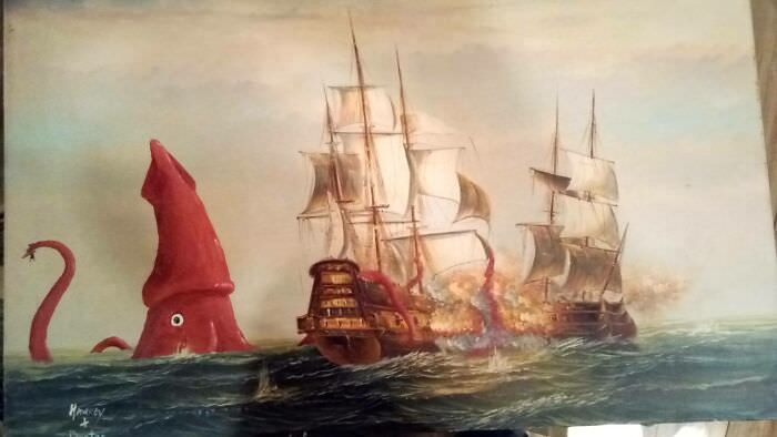 Transforming a thrift store find depicting a ship battle, this vibrant and dynamic repainting breathes new life into the scene.