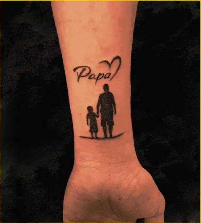 A tribute to both mom and dad, with matching heartbeat tattoos on the forearm and wrist.
