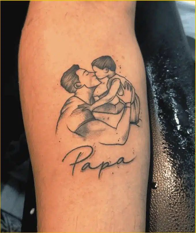 A father and daughter tattoo design that celebrates their special bond, with a clock etched on the leg.