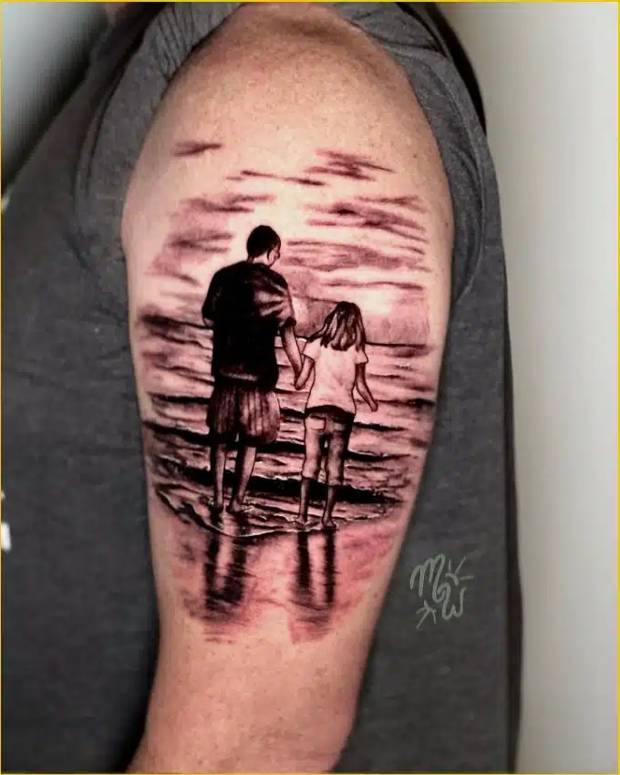 A father and daughter tattoo design that celebrates their special bond, etched on the inner forearm.