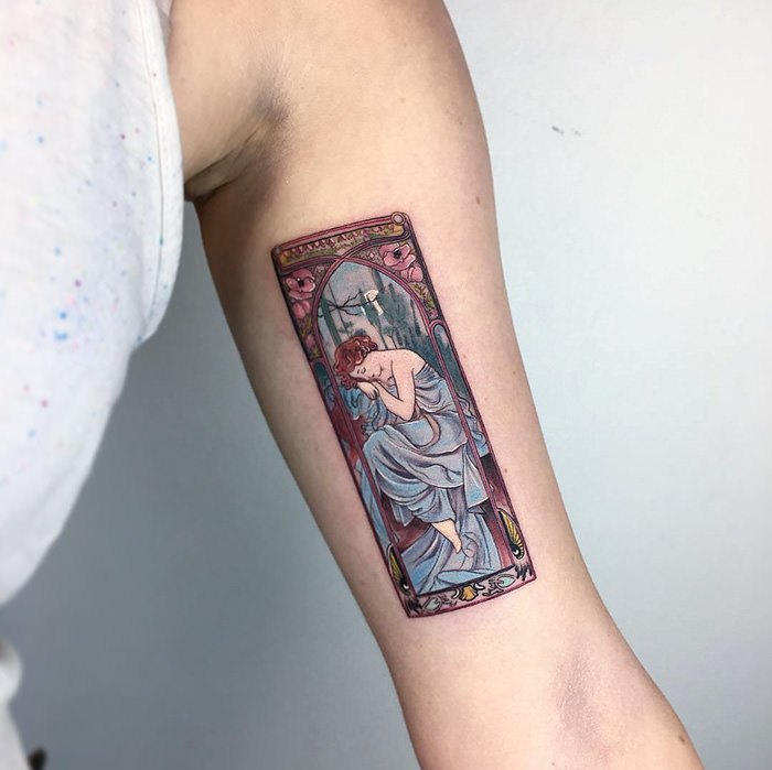 A tattoo inspired by Alfons Mucha's "The Times of the Day"