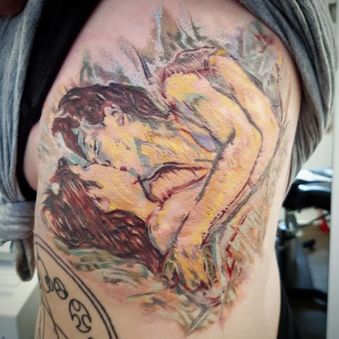 A tattoo inspired by Toulouse Lautrec's "In Bed, The Kiss"