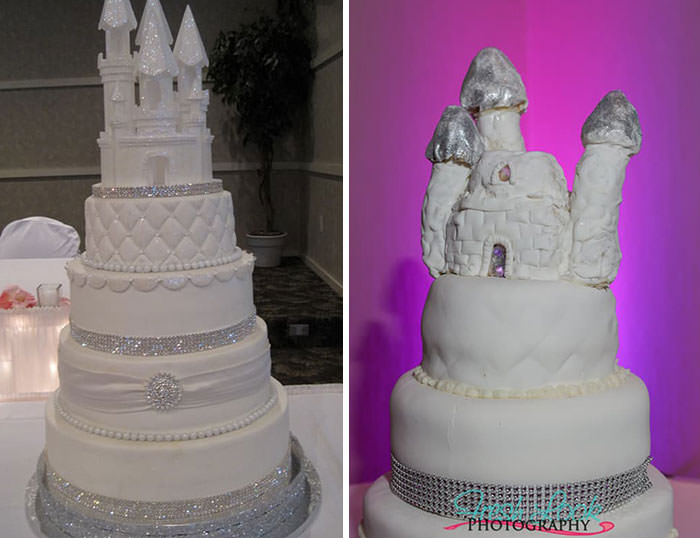 This is a wedding cake that was designed to look like a castle tower.