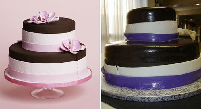 A cake with black, white, and pink stripes were ordered, but a cake with black, white, and purple stripes with uneven stripes was delivered.
