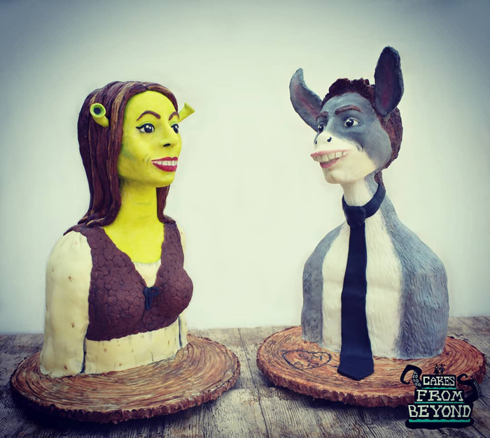 A Shrek and Donkey themed wedding cake was made.