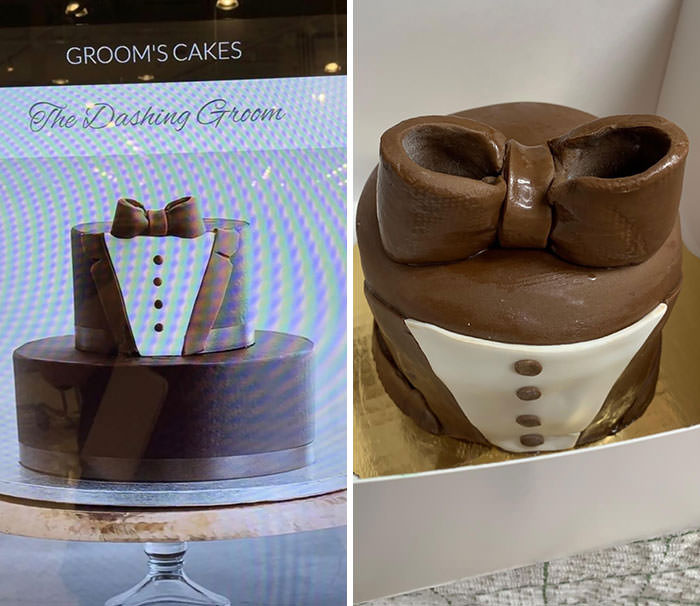 This is a comparison between the wedding cake that was ordered versus what was picked up.