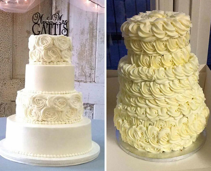 A wedding cake that was ordered versus what was sent through the night before the wedding.