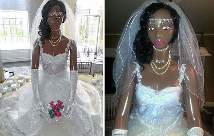 A life-sized plastic mannequin of themselves was jammed onto the wedding cake.