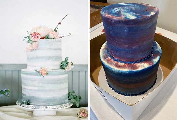 A comparison between what was expected for the cake versus what was received on the wedding day.