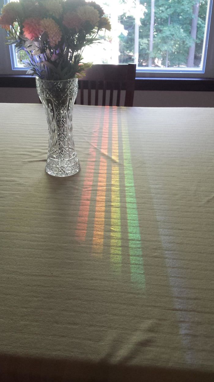 A spectrum reflected off the dining room window through a chair back.