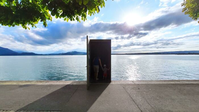 An entrance of an underwater observatory in Lake Zug, Switzerland, that reminds the person of The Truman Show.