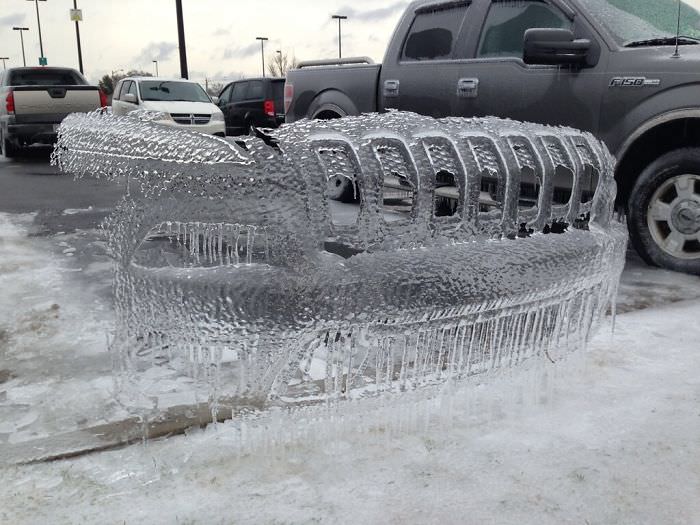 Ice formed on a Jeep.