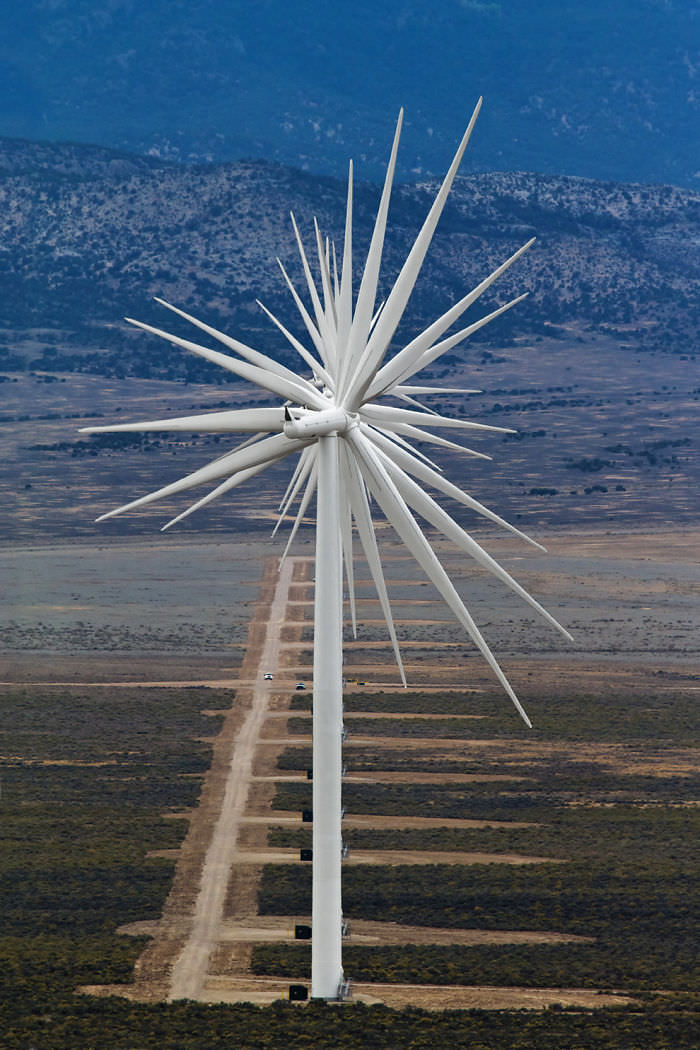 14 wind turbines lined up in Nevada.