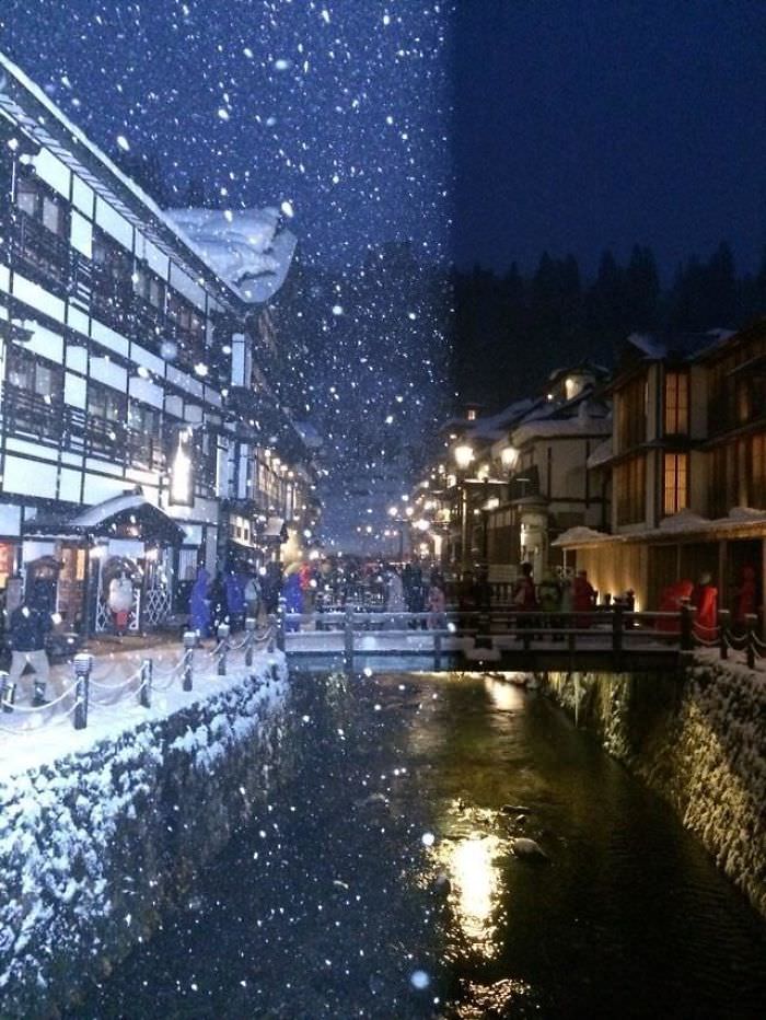 A picture of snow falling at Ginzan Onsen that caught someone else's camera flash.