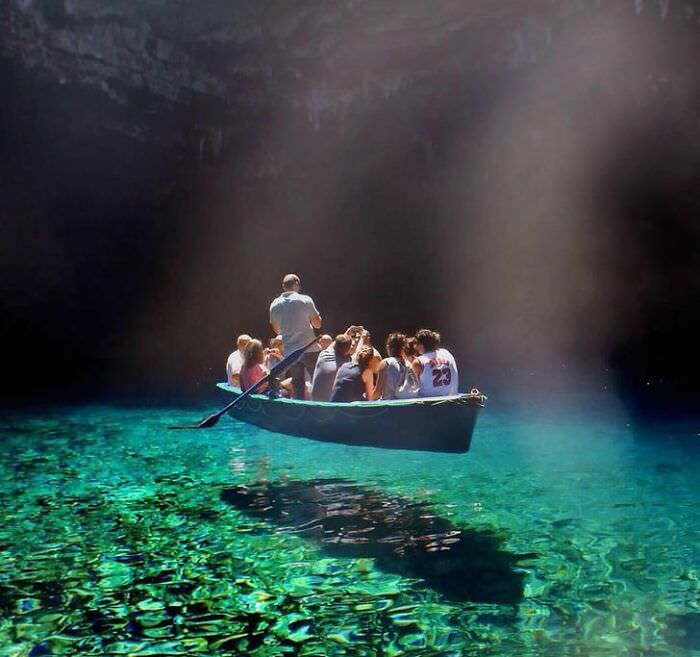 The clearest water in the world at Melissani Lake in Greece.