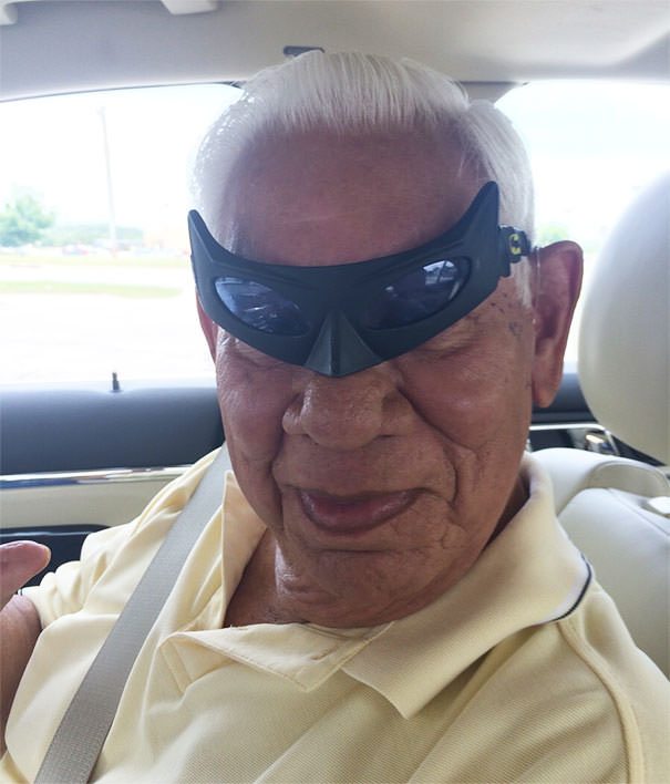 Grandpa sends a photo after finding Batman glasses left in his car.