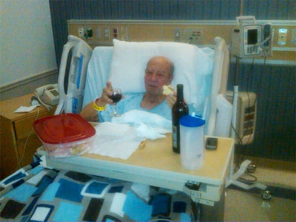 A very Italian grandpa in the hospital only wants wine and cream puffs.
