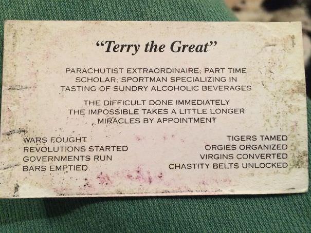 Grandpa hands out a unique business card to everyone he meets.