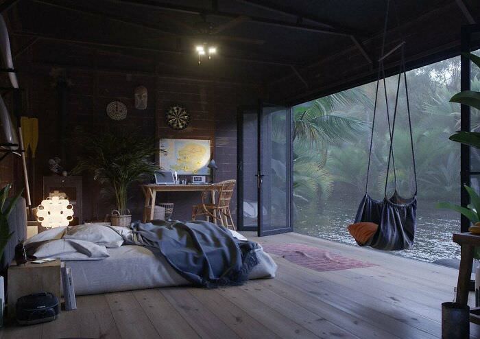 A cozy room located next to a jungle river.