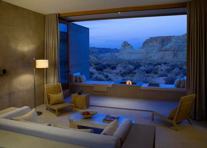 A living room in Utah's southern desert with an open-air view.