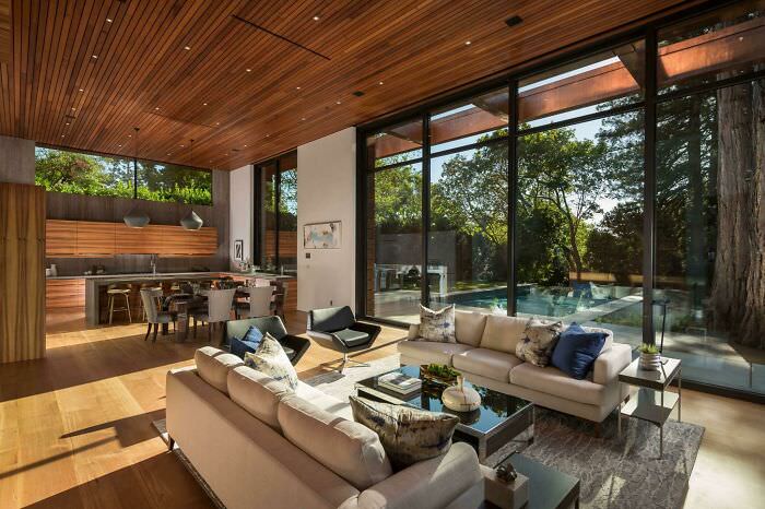 An open living space in Ross, CA with views of the redwoods.