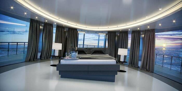 The master bedroom of a yacht with a stabilized bed on a gyroscopic platform.