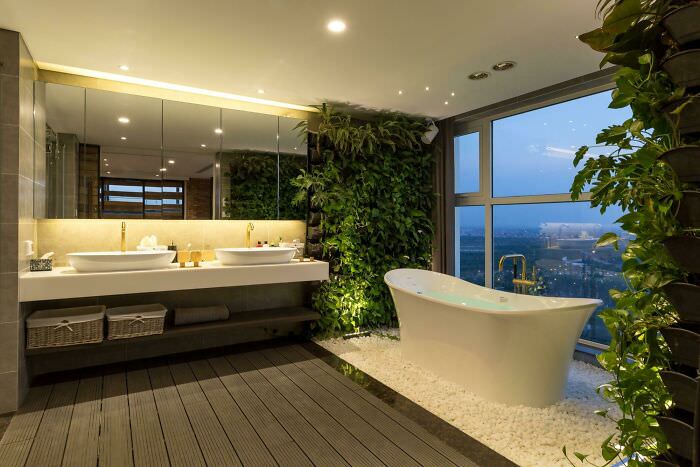 A serene and sexy master bathroom located in Taiwan.