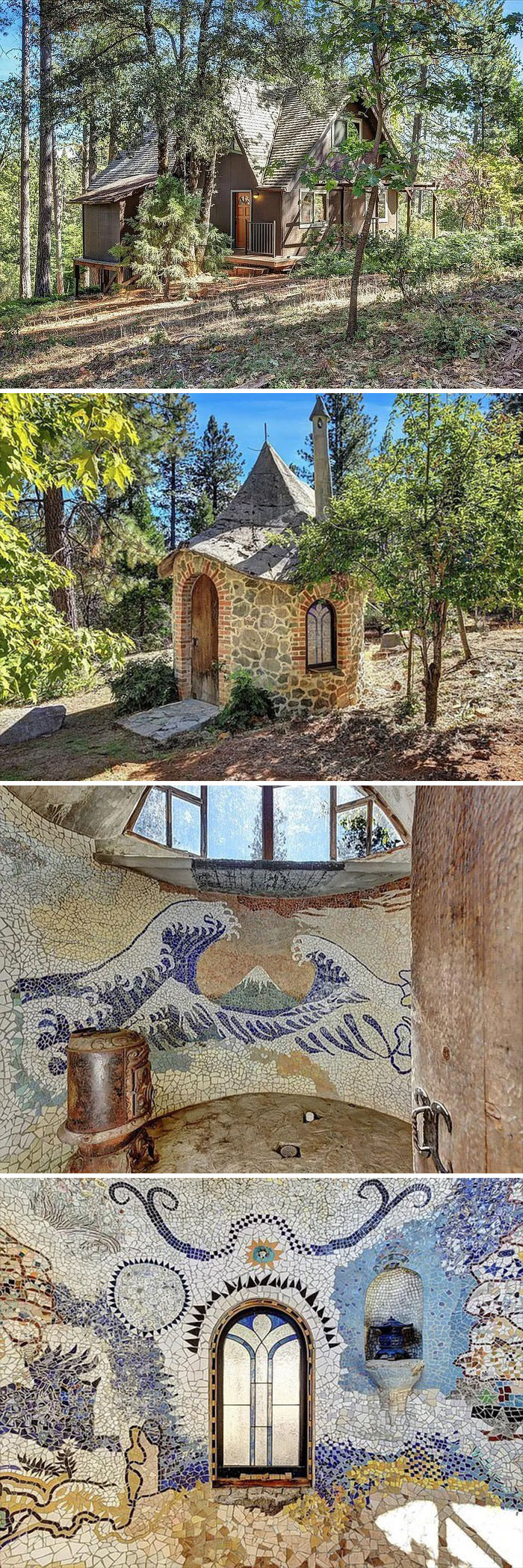 Enjoy this cabin in the woods of California, with a separate bath house, tiled to perfection.
