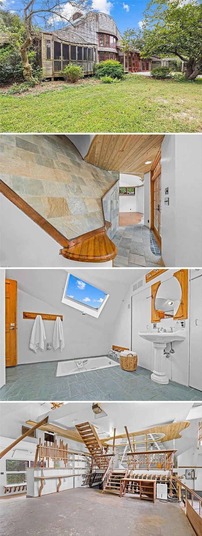 I am baffled by this house - the wavy wood has me super confused. Also, there's a death trap tub.