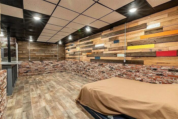 They finished the basement with whatever they had leftover, and it looks just fine.