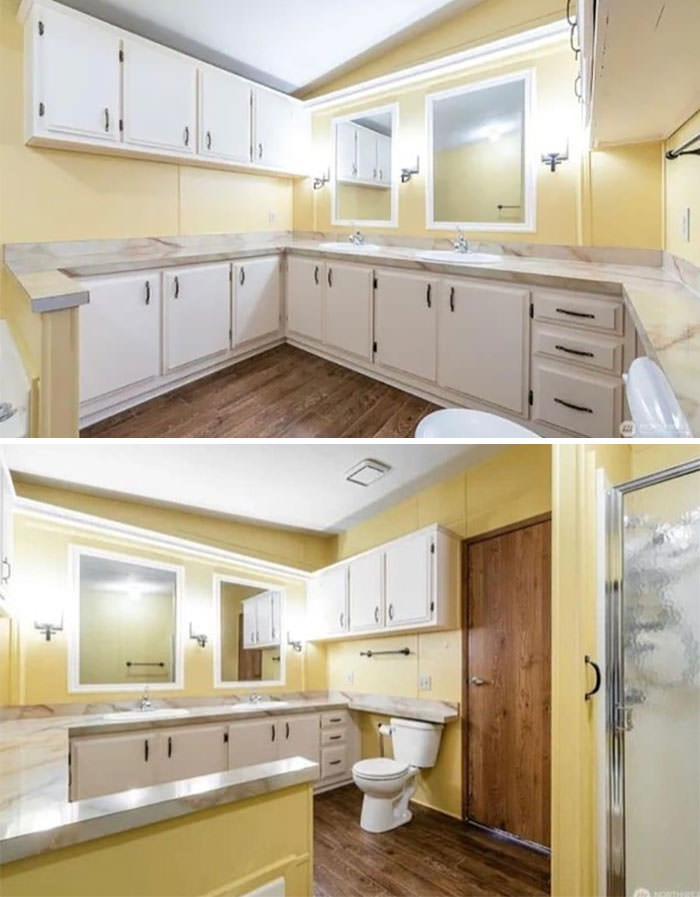 There are an excessive amount of cabinets in the bathroom.